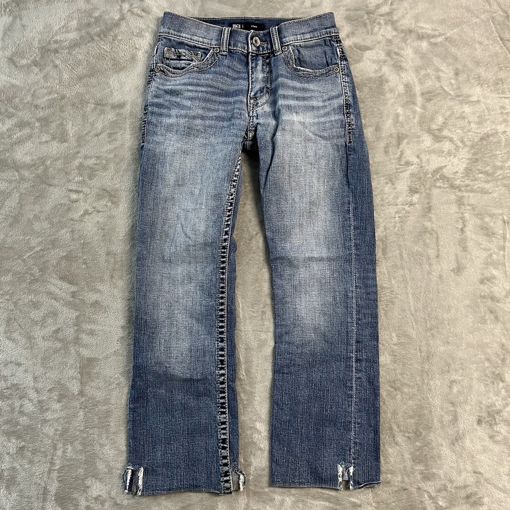 BKE Aiden Jeans Womens 27x30* Bootcut Blue Distressed Raw Hem Stretch Y2K Boho